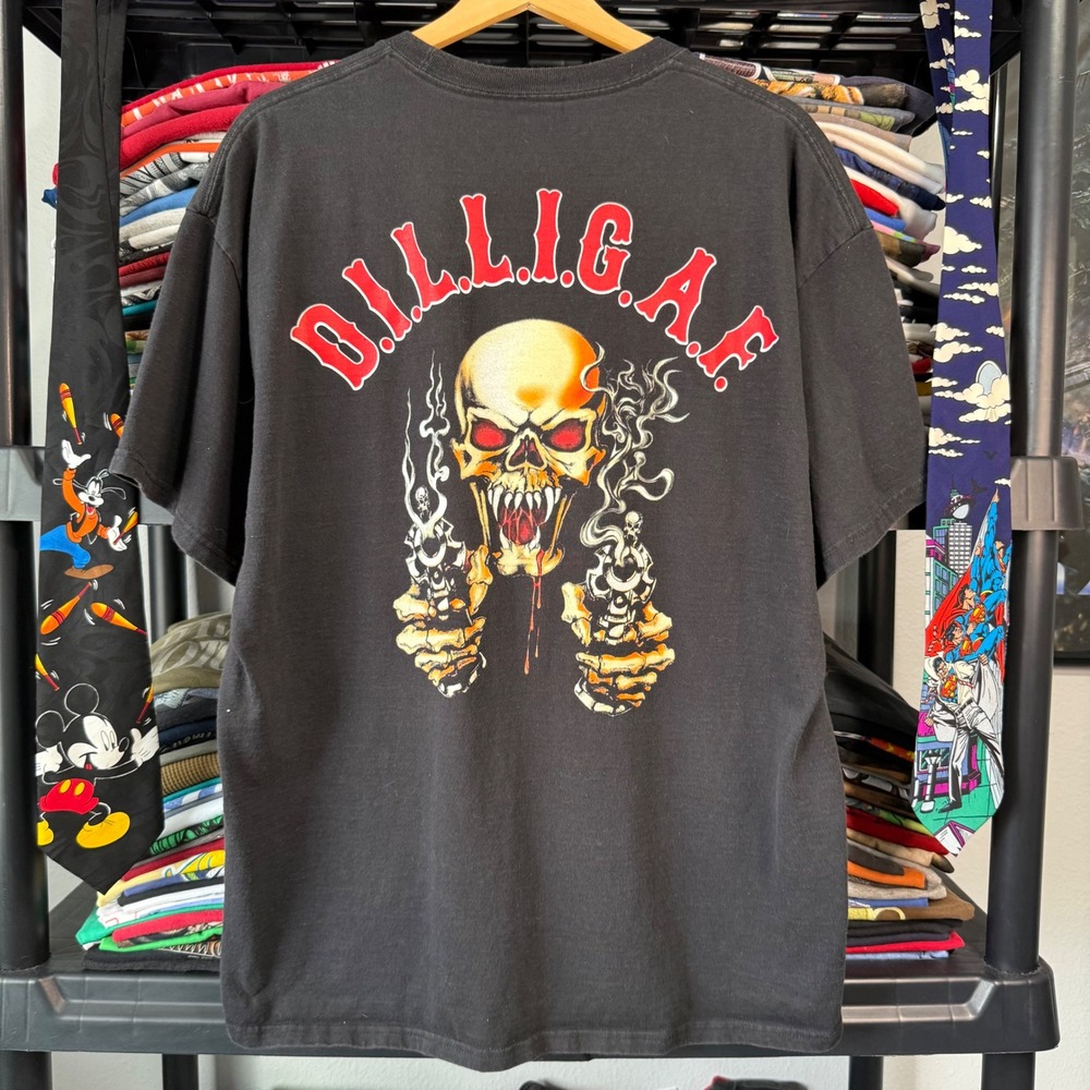 Y2K Black D.I.L.L.I.G.A.F. Skull Guns Biker Graphic T-Shirt XL